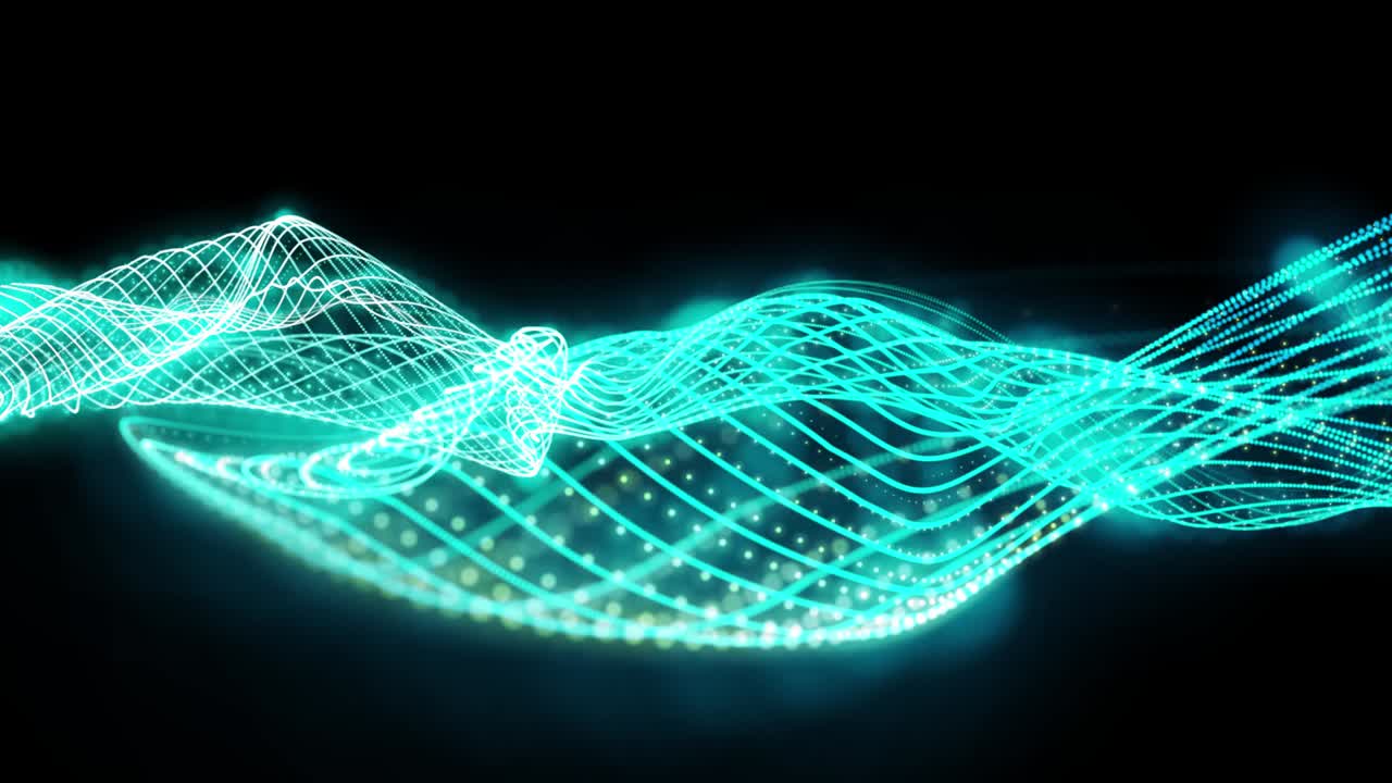 абстрактные синие волны движение волнистых точек текстура с светящимися разфокусированными частицами на черном фоне