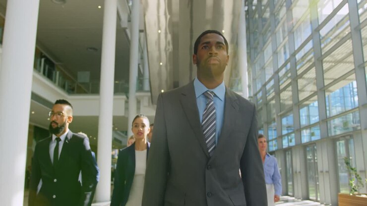 Multi ethnic business people walking together in the lobby at office 4k