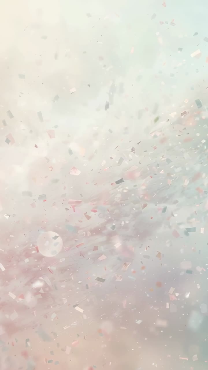 Vídeo vertical: Confetes pastel e bokeh flutuando e movendo-se lentamente em estúdio por uma leve brisa.