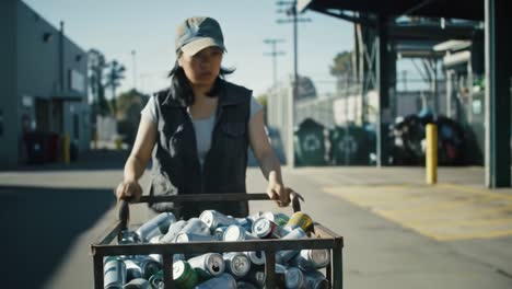 a determined woman collects recyclable cans, moving through a recycling facility with a cart full of aluminum and other materials for environmental sustainability