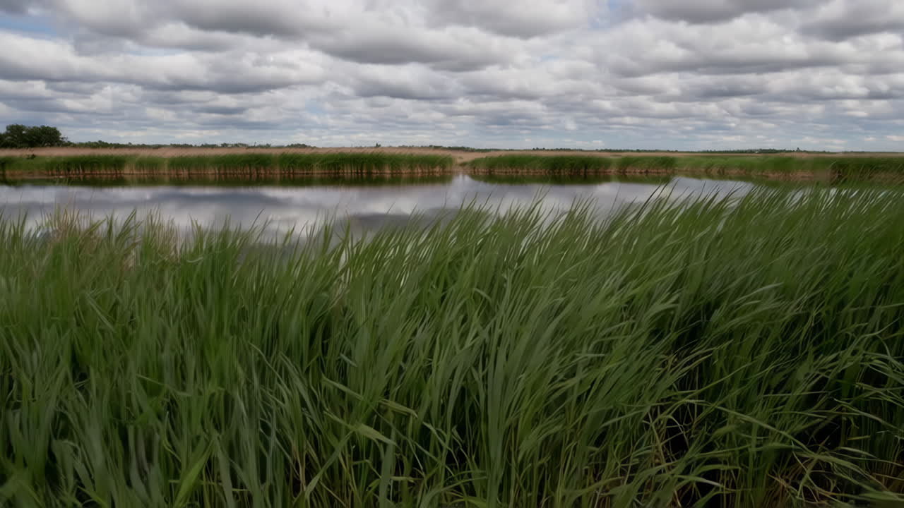 Tranquil Waterway Through Green Reeds Under a Cloudy Sky
