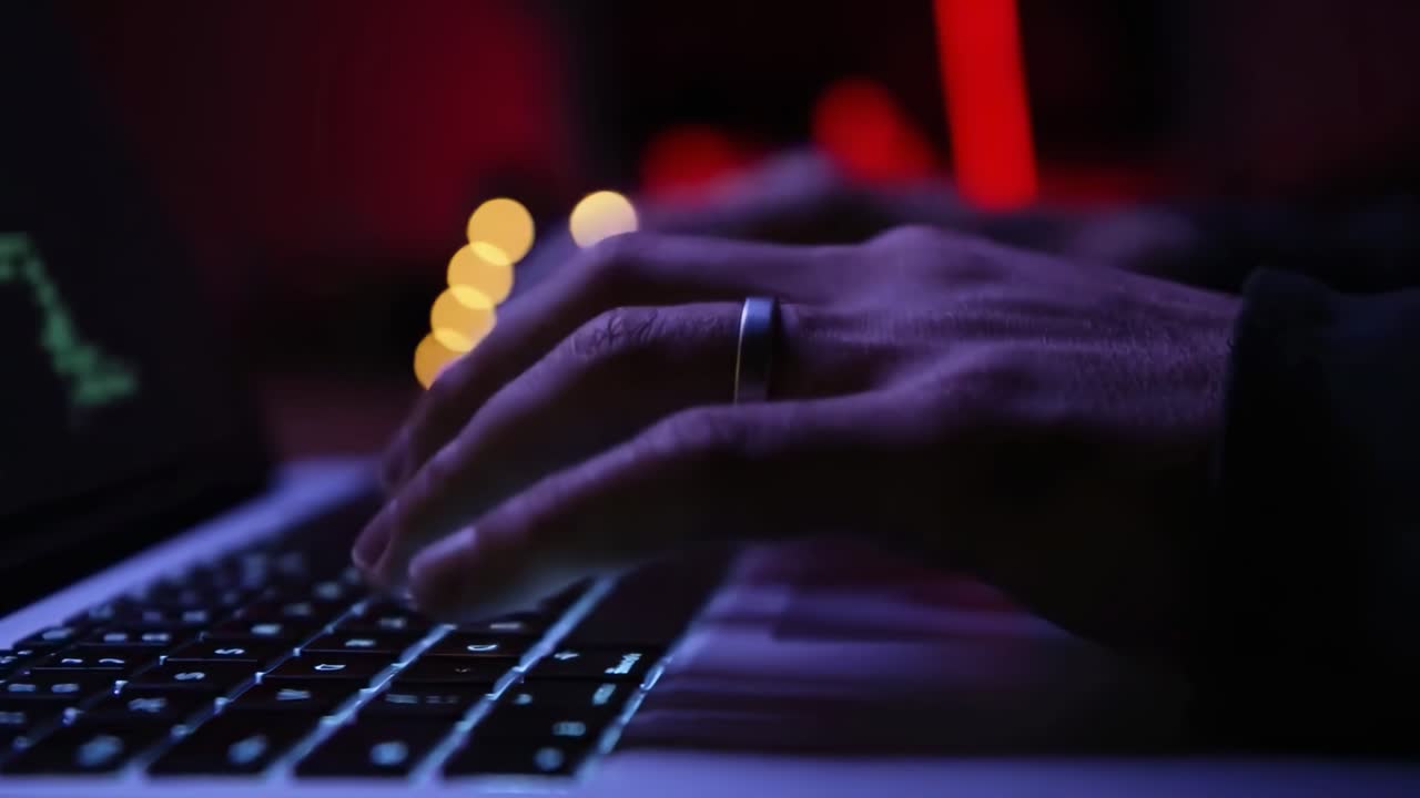Close-up video of hands typing on a laptop in low light, with a focus on the keyboard