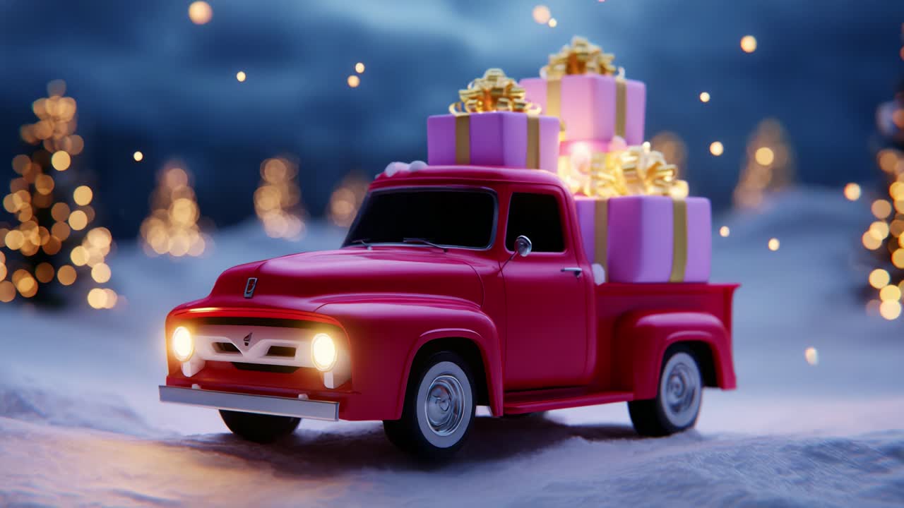 A festive pink vintage truck, adorned with colorful presents and shimmering decorations, drives through a snowy landscape filled with sparkling lights, evoking the magic of holiday celebrations and joyfulness