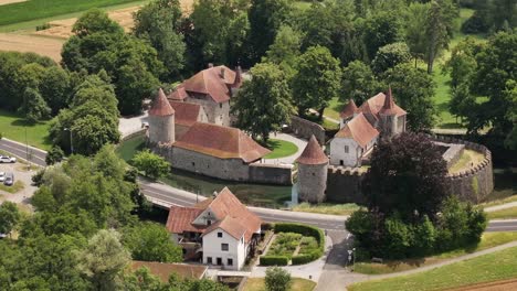 schloss hallwyl is a moated castle on the aabach canal, one of the most important swiss castles. drone view