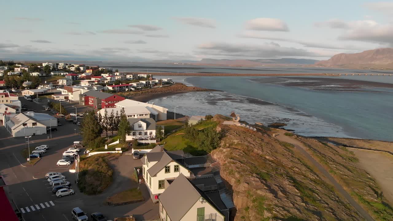 Aerial view of Borgarnes in Snaefellsnes Peninsula, Iceland. Sunset in summer season