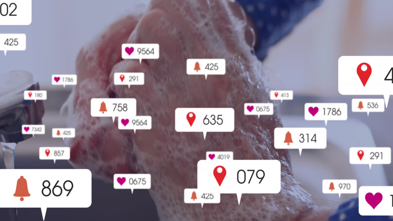 손을  ⁇ 는 백인 여성 위에 숫자가 있는 소셜 미디어 아이콘의 애니메이션