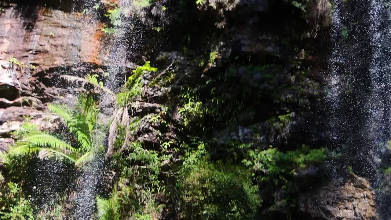 A tranquil waterfall cascades over rocks with people swimming in the clear pool below.
