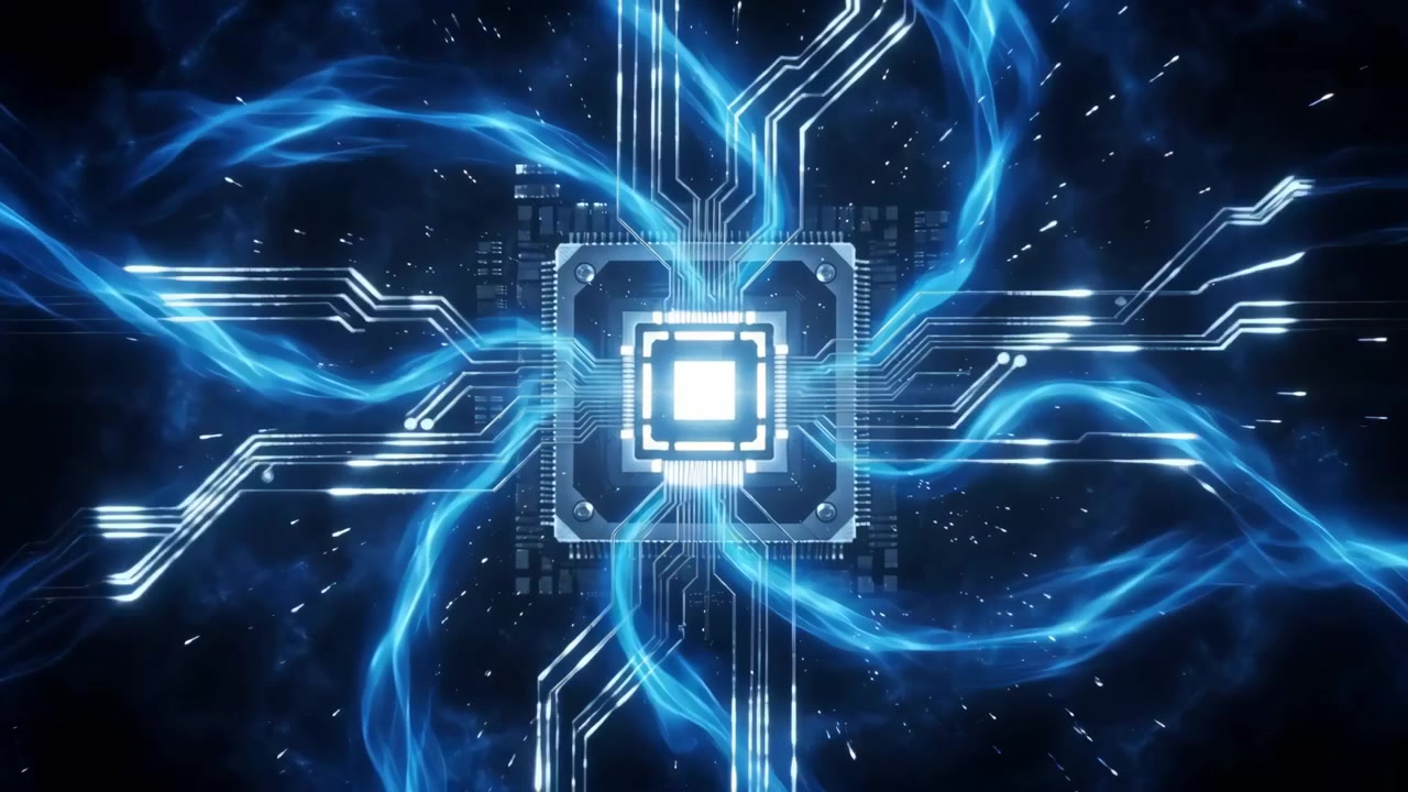 Vista frontale ravvicinata di un chip alimentato che irradia un'intensa luce blu e viticci elettrici attraverso tracce di circuito luminose, su uno sfondo scuro e sterile con pad metallici e simmetria