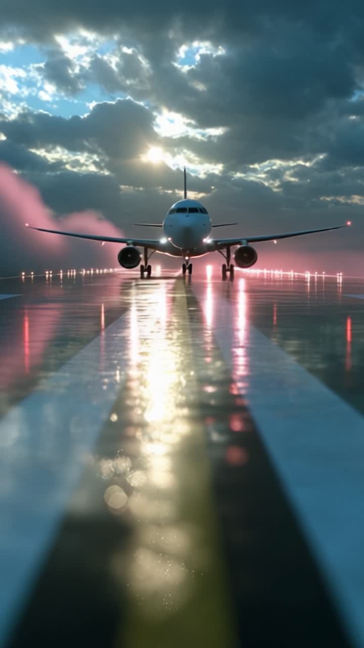 Un impresionante avión listo para despegar en la pista con reflejos de luz y nubes creando una atmósfera dramática al atardecer o al amanecer.