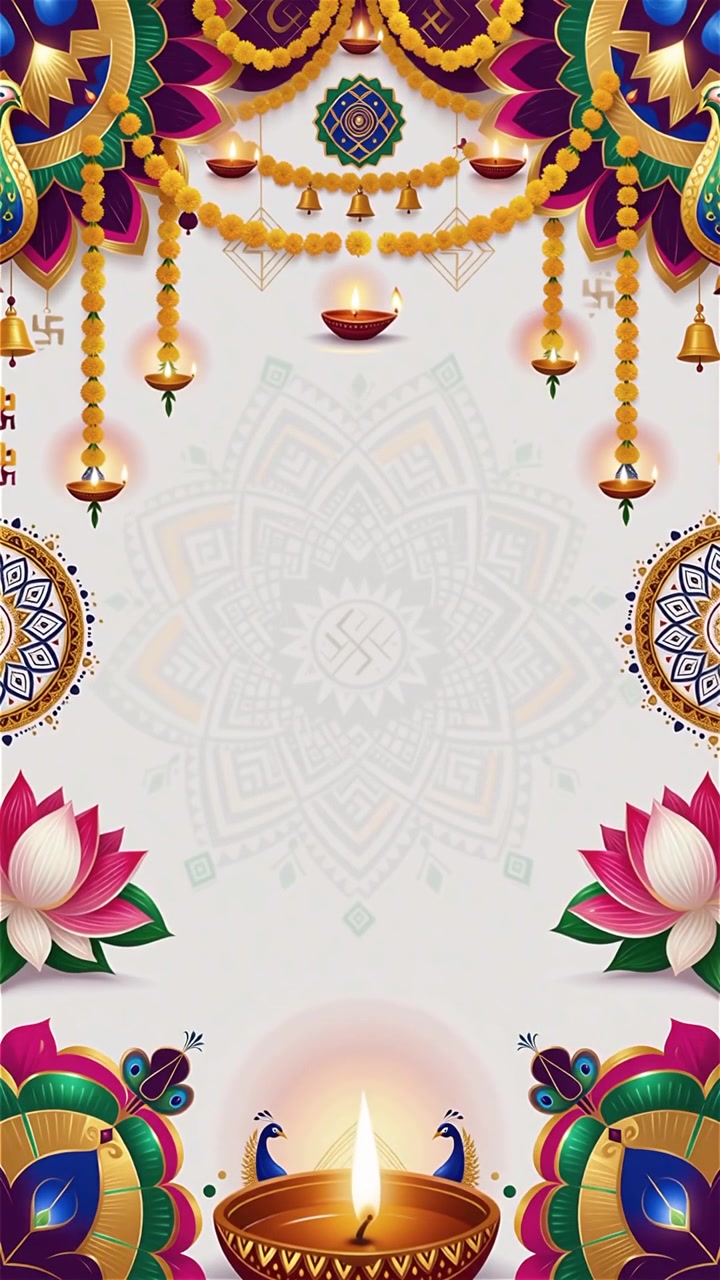 Sfondo Diwali con Diyas luminosi, Rangoli e fiori di loto