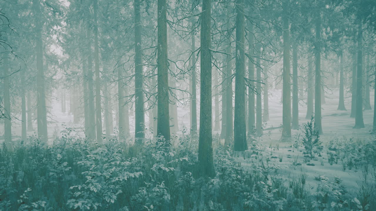 차분한 숲에서 눈으로 인 나무가 있는 겨울 풍경