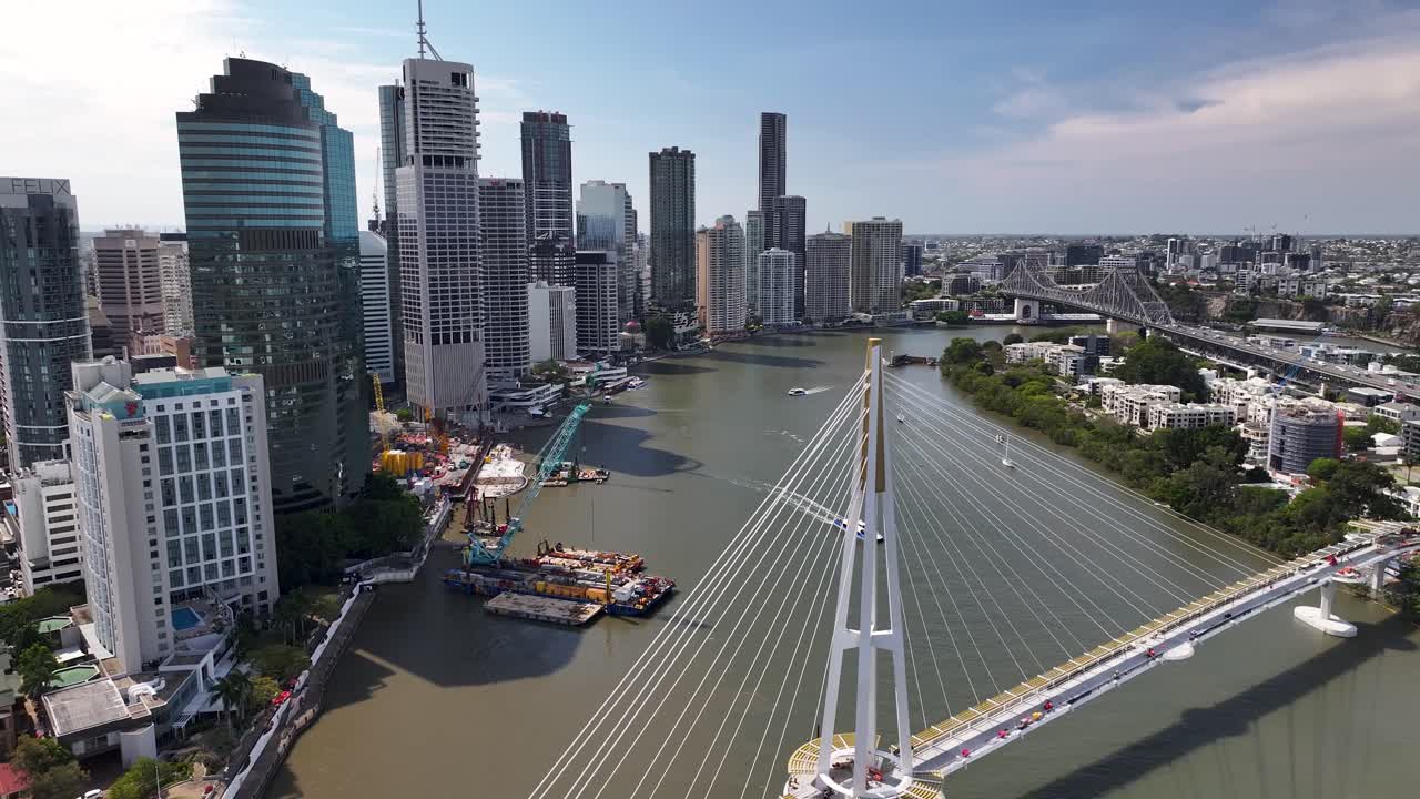 Brisbane cityscape over The Kangaroo Point Green Bridge. Australian metropolitan city, aerial