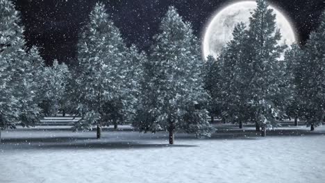 paisaje de invierno con luna llena y nieve cayendo