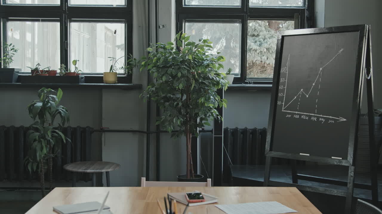 Cozy Workplace with Finance Graph Drawing on Chalkboard