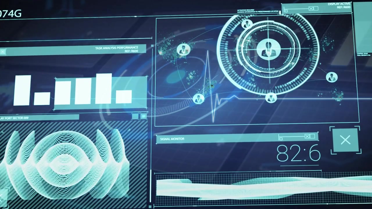 Animation of navy digital screen with diverse data processing, heart rate and graphs