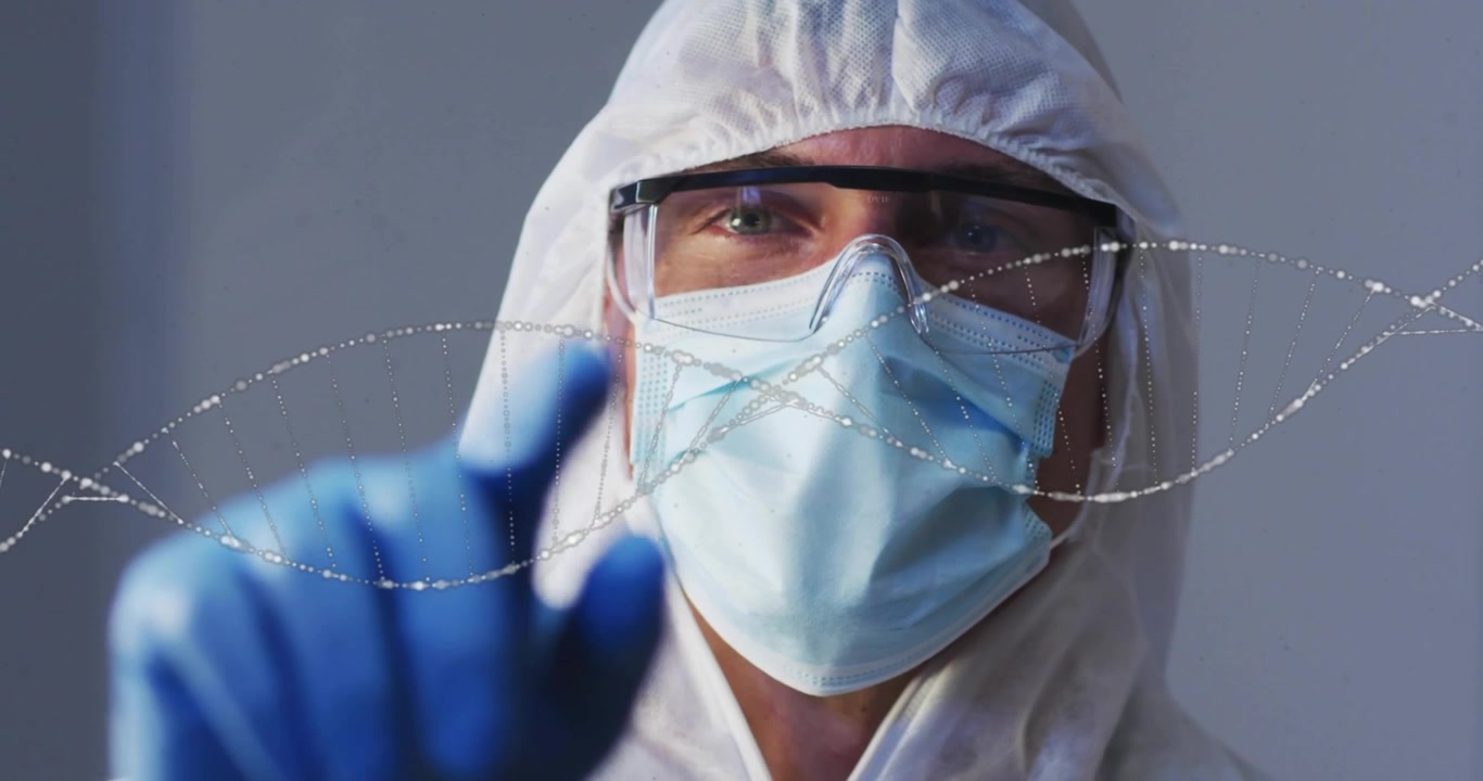 Lab worker raising gloved hand after particles forming DNA helix, interacting with hologram study