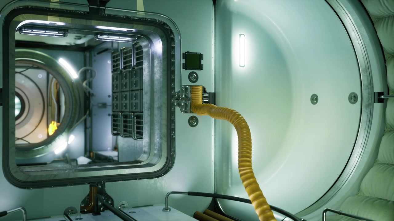 Closeup view of space station with diagnostic sensors and frame elements