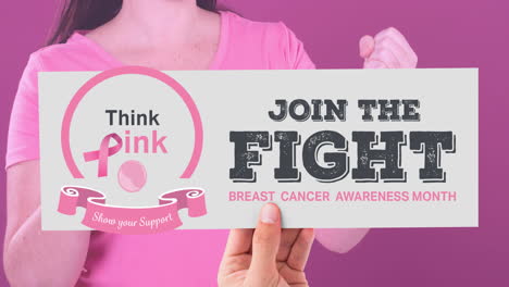 animation of breast cancer awareness text over caucasian woman
