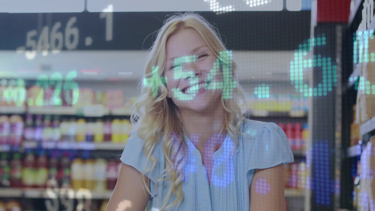 Woman pushing cart, tapping phone in retail, causing price overlay expanding cart-to-face, pricing