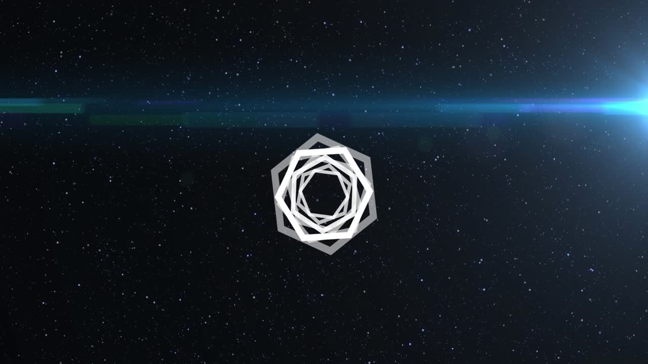 Animação de forma hexagonal abstrata girando sobre ponto de luz azul em fundo preto.