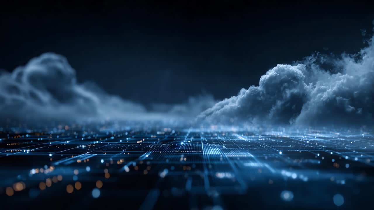 A Mesmerizing Digital Landscape Showcasing Futuristic Technology Intertwined with Ethereal Clouds and a Dynamic Network Structure