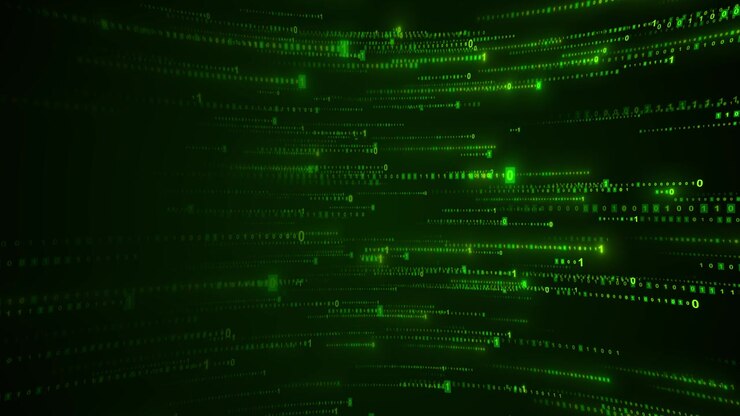 Green binary code background with glowing numbers dark digital space and futuristic matrix motion
