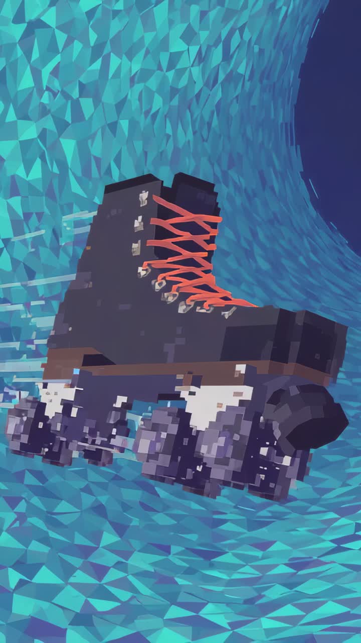 Vertical video: Rolling black skate with red laces with streaks on turquoise plane into dark tunnel