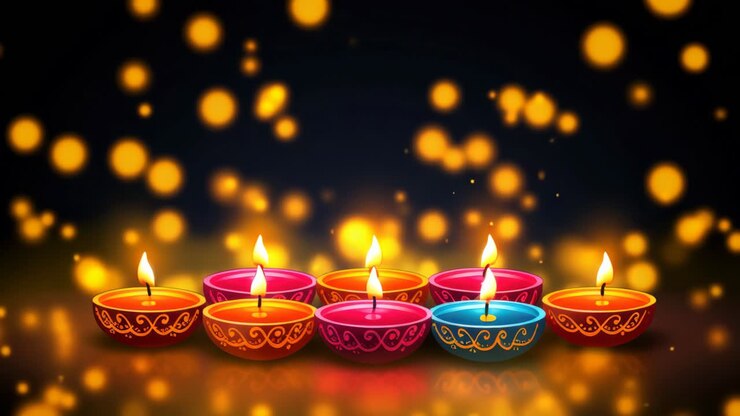 Colorful, ornate candles in a row, captured from a low angle