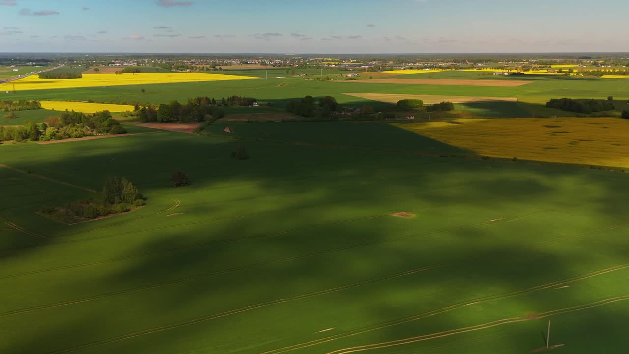 Aerial view of vast, sunlit farmlands with green and yellow fields stretching toward the horizon
