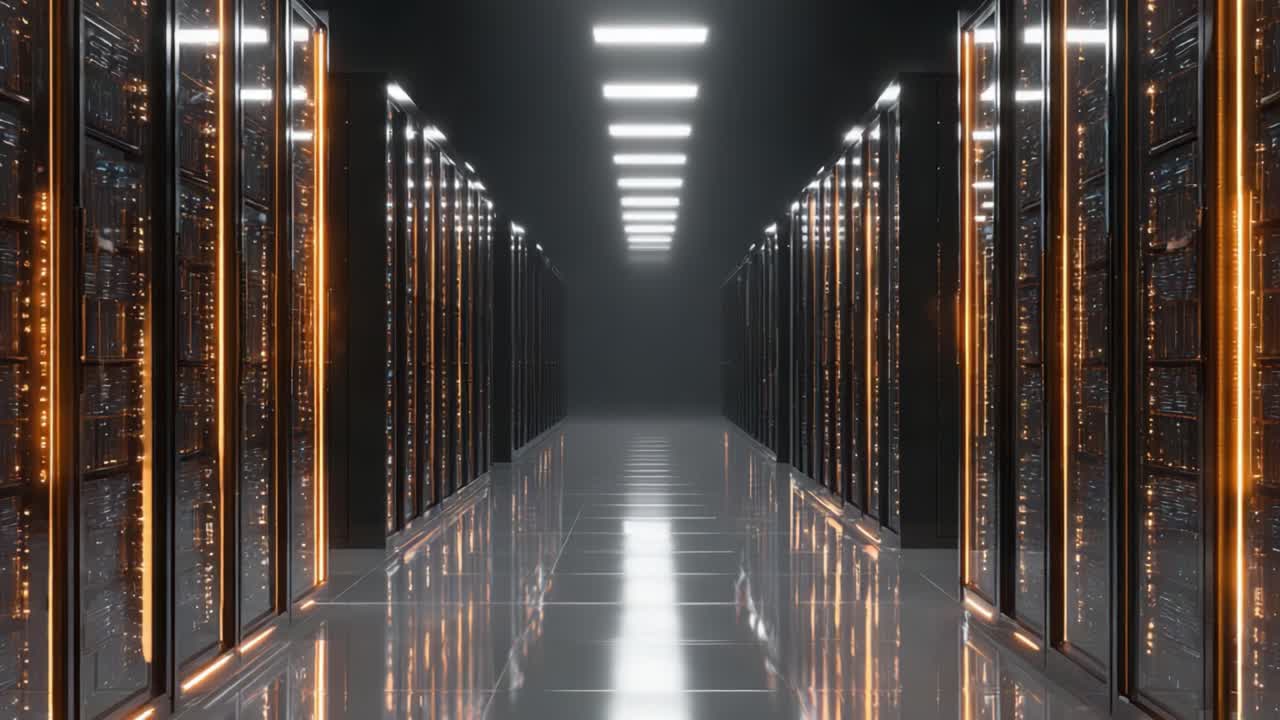 A Stunning Visual of a Futuristic Data Center Corridor with Dim Lighting and a Sleek, Modern Design Highlighting the Rows of Storage Servers