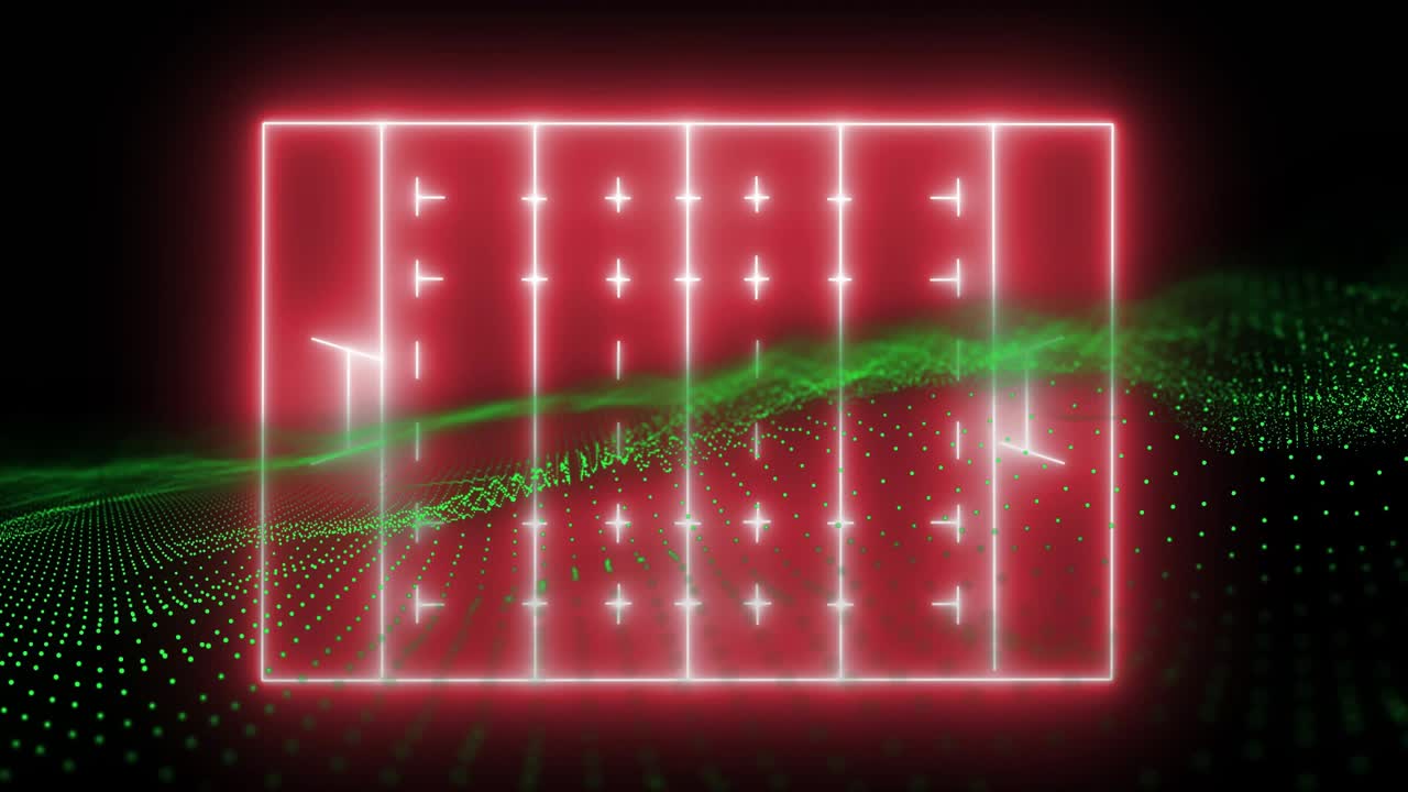 Red neon lines emerging from void forming neon frame over waving green grid visualizing data flow