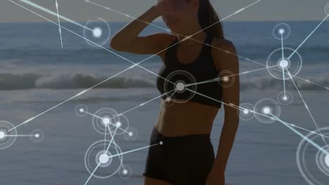 animación de redes de conexiones sobre una mujer caucásica cansada descansando en la playa