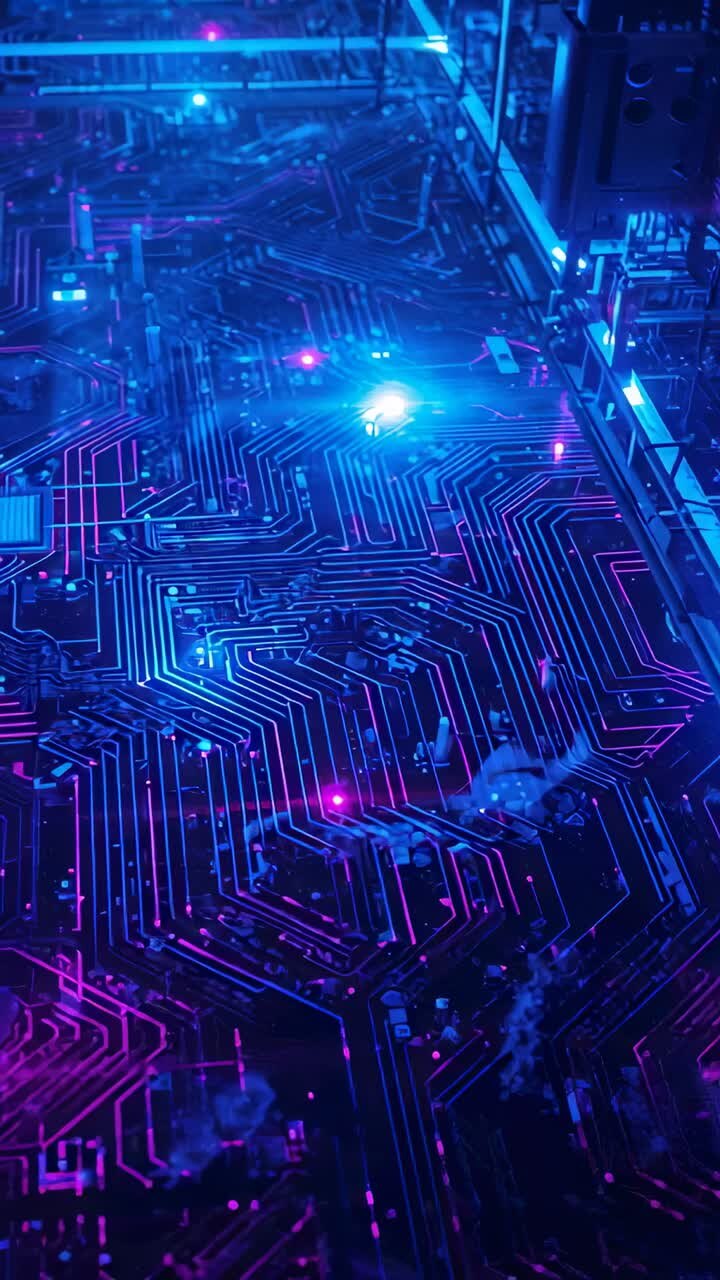 Vertical video: Starting camera pan over PCB, showing bright blue pulse, magenta dots, metal rail