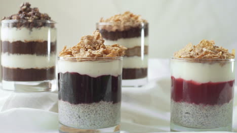 studio: zoom in to four glasses of layered chia pudding desserts, white background