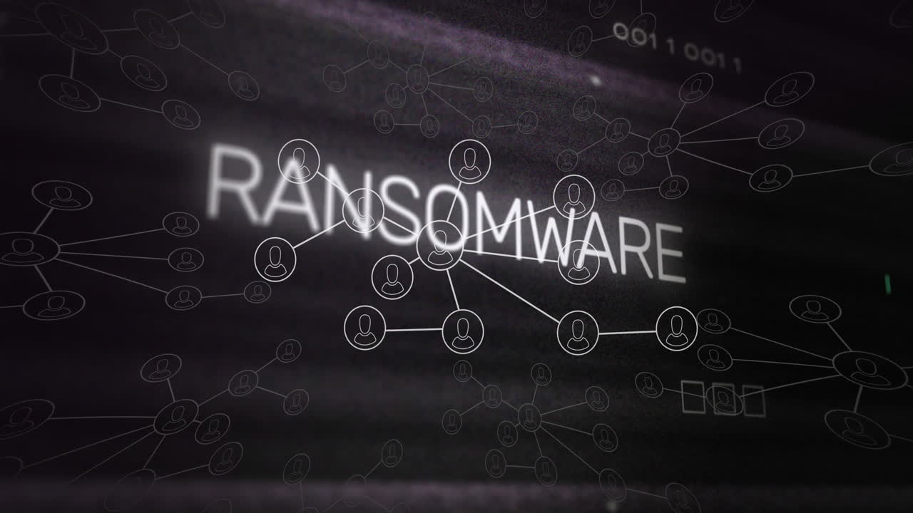 Cybersecurity concept showing 'RANSOMWARE' text and digital network