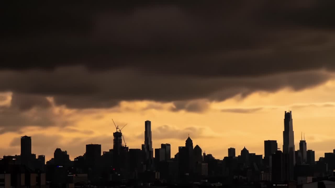 Dramatic Skyline Silhouette at Dusk: A Captivating View of Urban Architecture Beneath a Cloudy Sky with Rich Hues of Orange and Brown