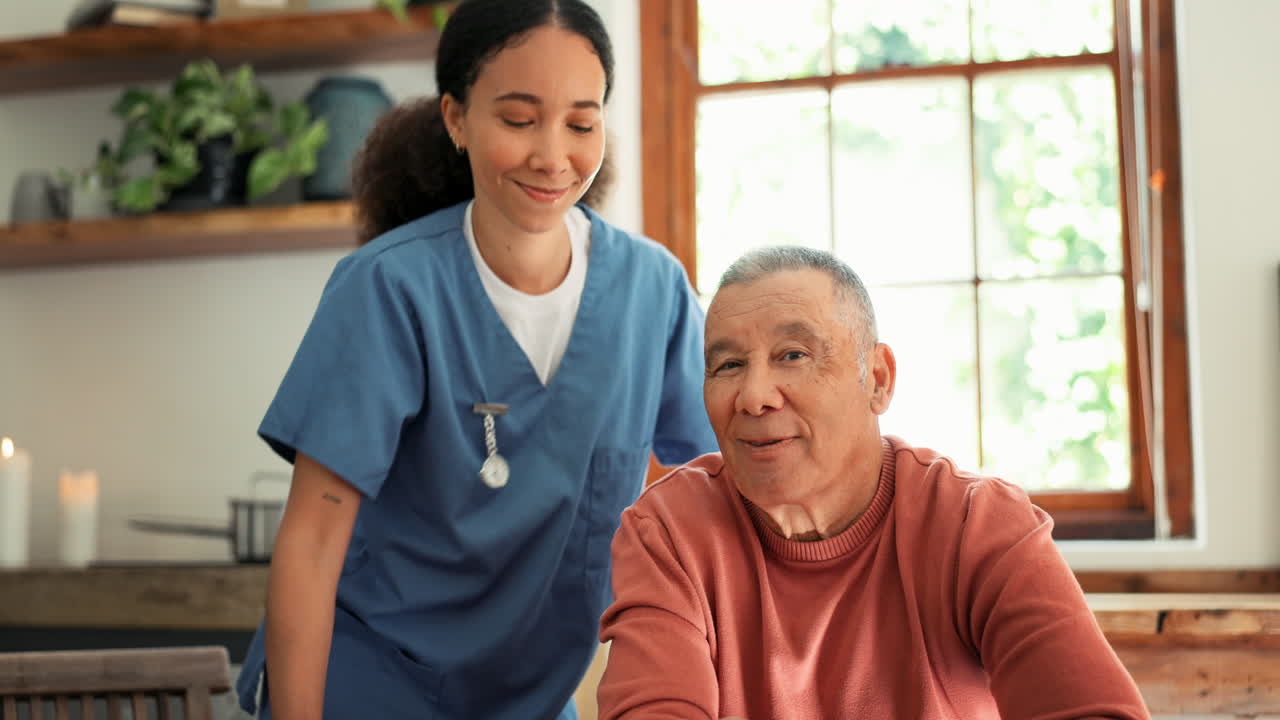 Happy woman, hug and elderly care in healthcare