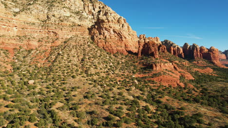 Red-Rocks-of-Sedona,-Arizona-USA,-Aerial-View-of-Landscape-and-Sandstone-Formations-on-Hot-Sunny-Day