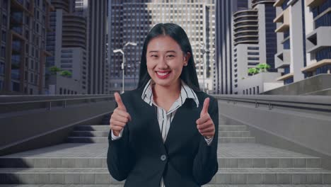 아시아의 사업가 여성이 도시에서 서 있는 동안 엄지손가락을 올리고 미소 짓고 있습니다.