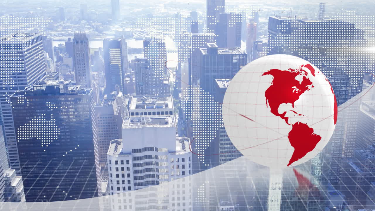 Digital globe and data points animation over cityscape with skyscrapers