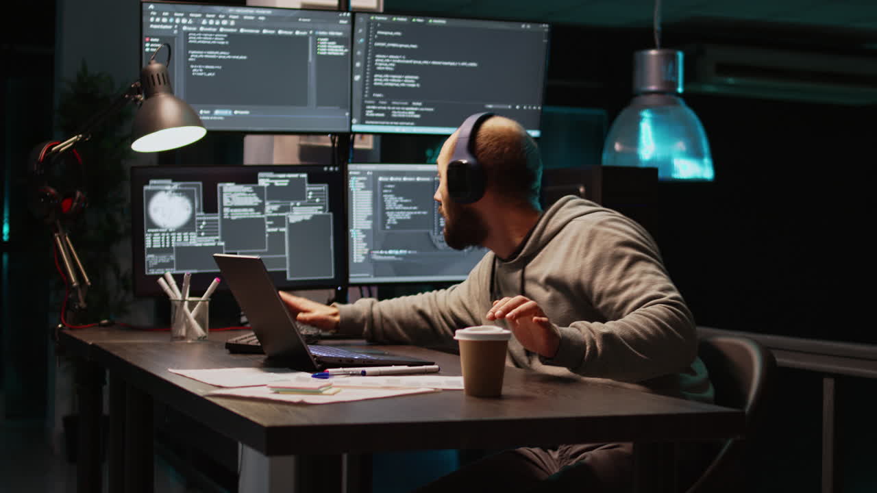 A man coding at his desk in the office at night