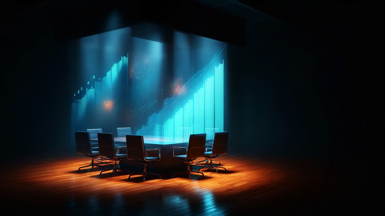 A Futuristic Conference Room with Dynamic Light Projections and Modern Chairs, Ideal for Strategic Meetings and Presentations, Highlighting Innovative Business Concepts and Analytics