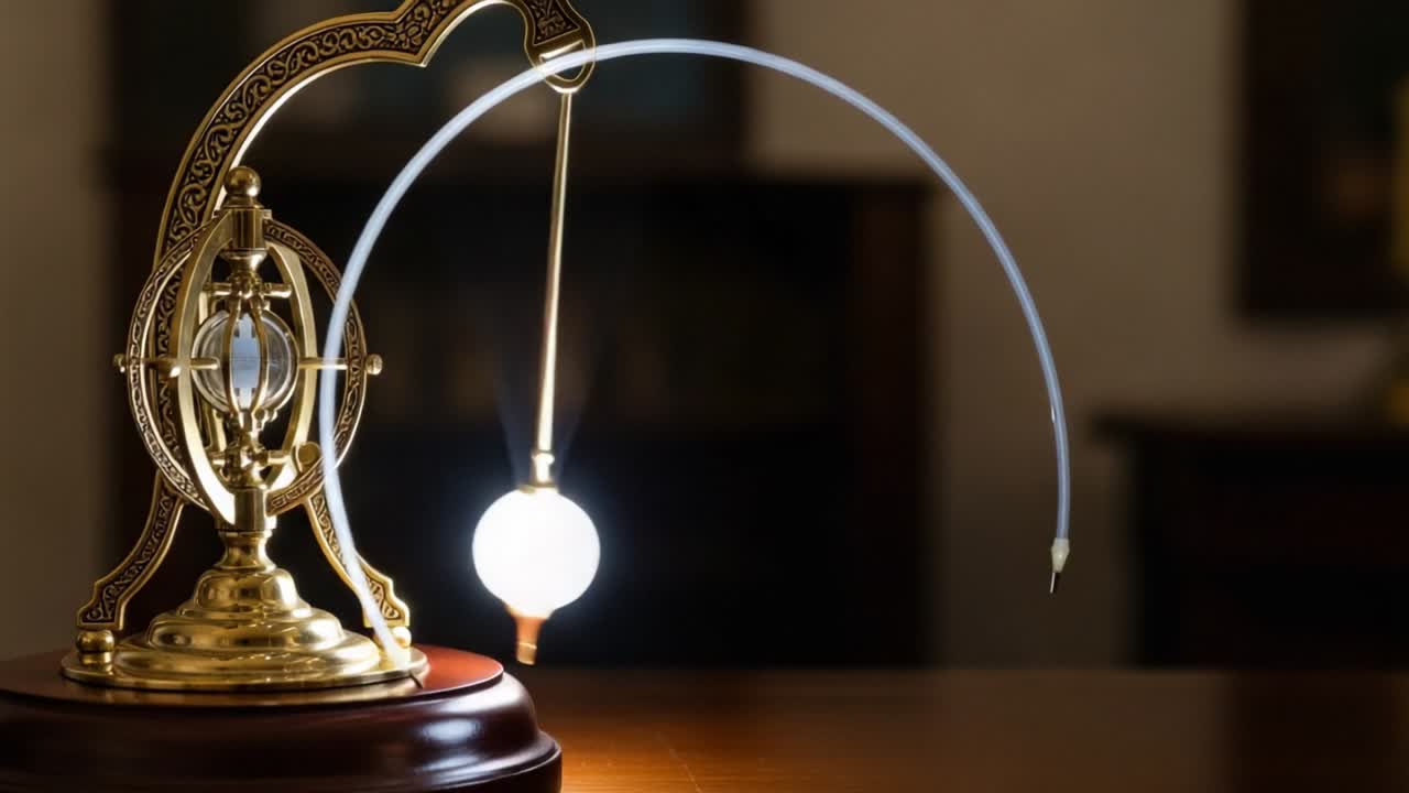 Intricately Crafted Pendulum Device Demonstrating Precision Mechanisms and Light Reflection in a Tastefully Designed Classic Interior Setting