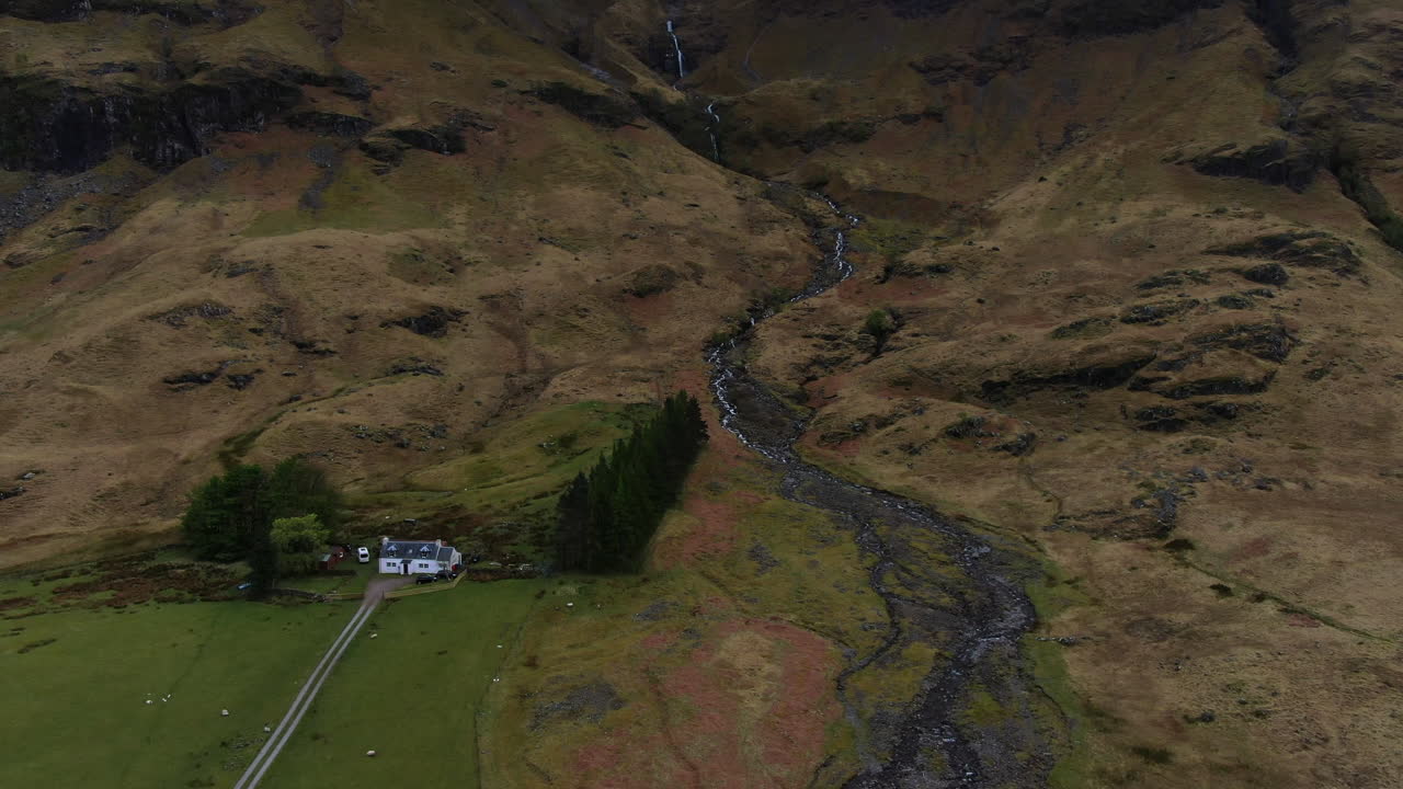 Aerial view of a white house in the Glen Coe valley, Scotland, with a small river flowing through the valley