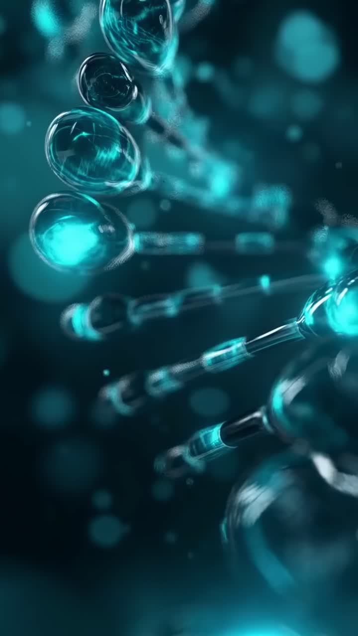 Abstract close-up video of a DNA helix with a macro angle, glowing in blue tones