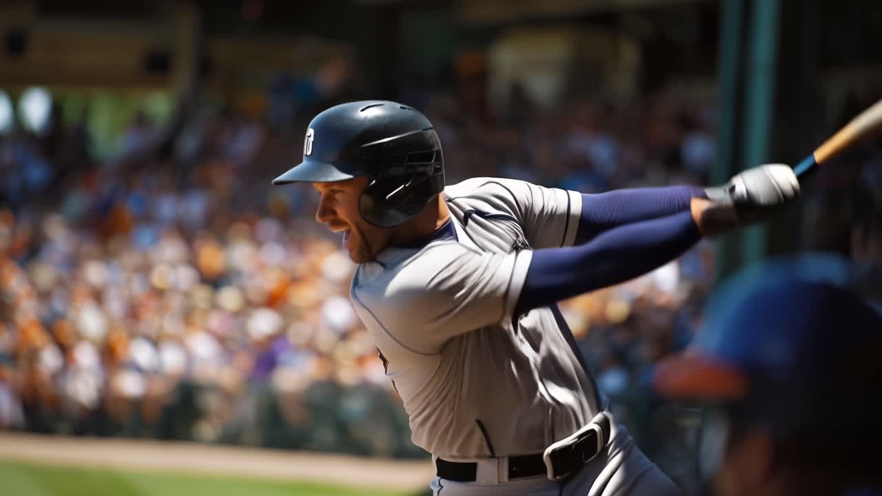Player stands ready at batter's box. Crowd watches intently from stands behind. Sunlight glints off wooden bat and helmet. Moment frozen in anticipation before pitch. Ideal for sports, fitness