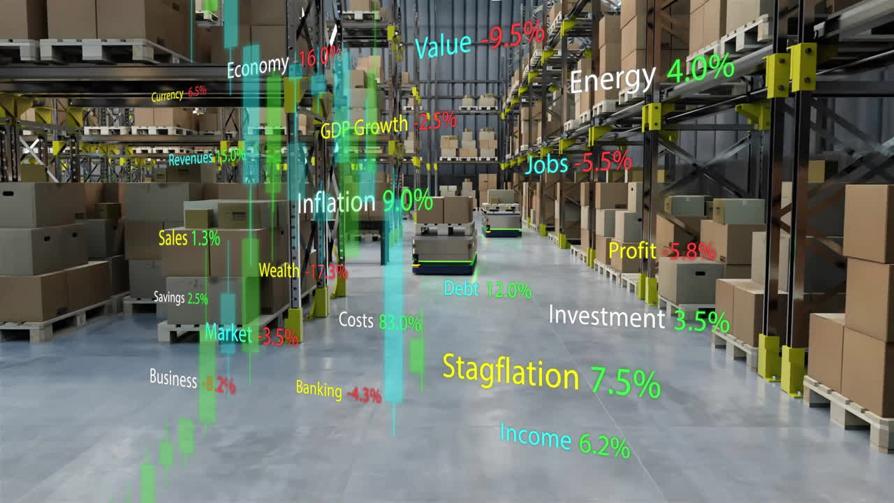 Animation of diagrams and stock market over machines working in warehouse