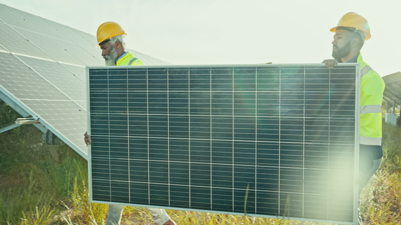 equipo de hombres con paneles solares para la instalación