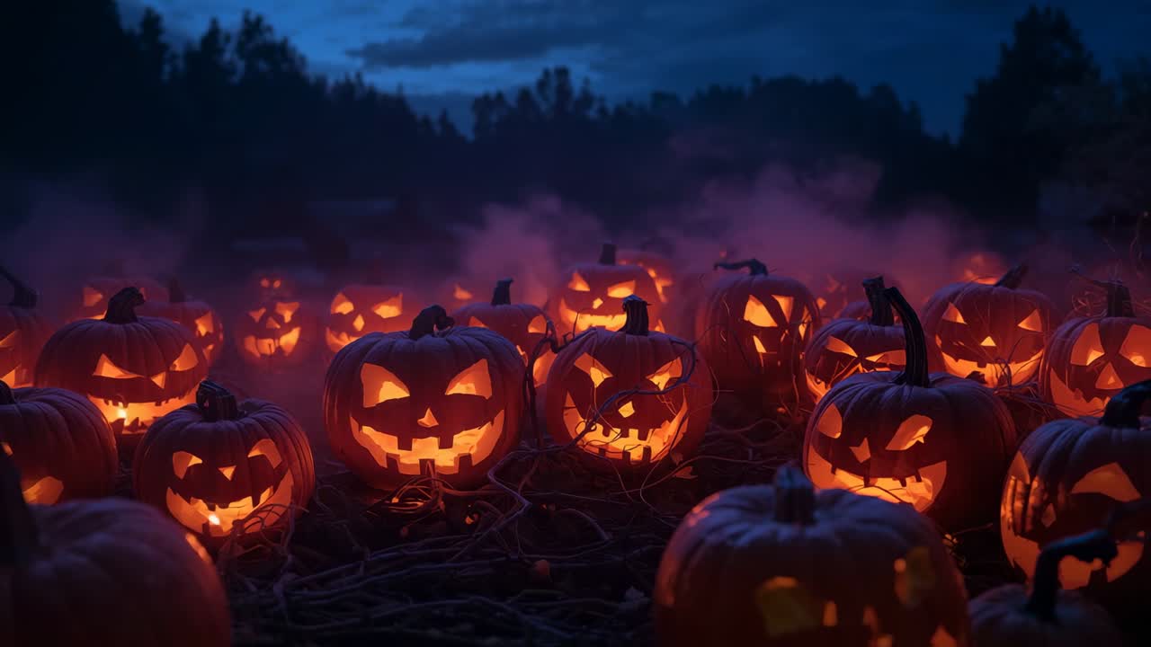 Emitting warm candlelight, carved pumpkins glowing on vines in forest clearing, with swirling smoke