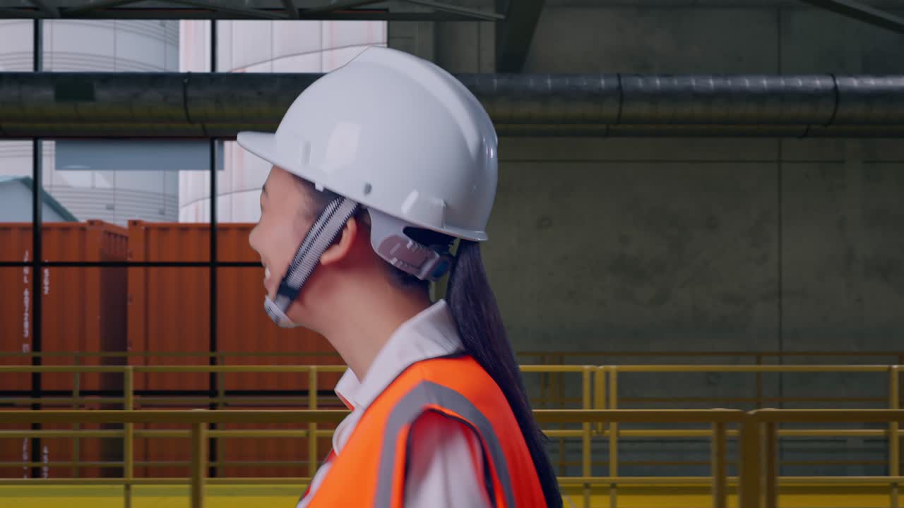 Vista lateral de ingeniera asiática despidiéndose con la mano mientras camina e inspecciona las operaciones de una planta de reciclaje de plástico con cinta transportadora de botellas